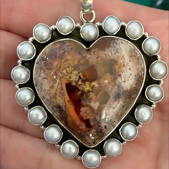 Mexican fire opal pearl mega statement heart sterling silver pendant - Picture 7 of 10